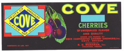 Original COVE cherry crate label Cove Cherry Coop Growers Monahan Freewater Ore.