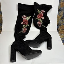 JustFab Tibbie Black Floral Boots, Size 8