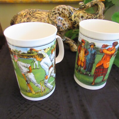 2 Dunoon Mugs Golf Cricket England Fine Bone China Mug Sue Scullard Cup Vintage