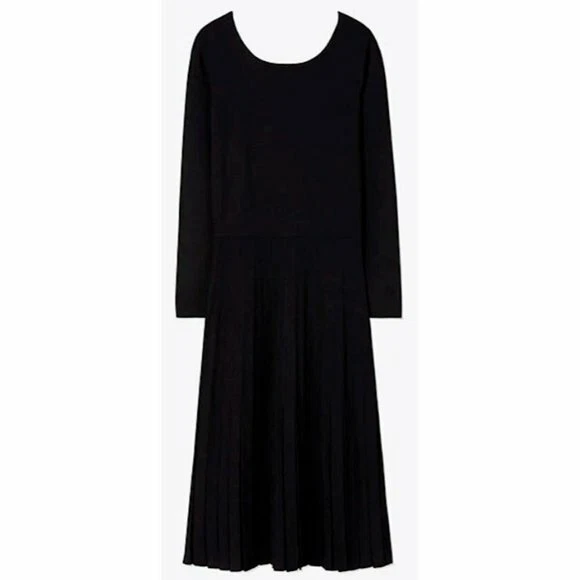 NUOVO abito a pieghe Tory Burch Florence lavorato a maglia midi nero taglia L #D3276
