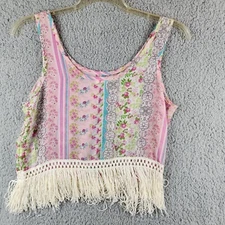 Love Blossom Shirt Womens Medium Pink Floral Scoop Neck Fringe Hem Tank Top