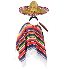 MEXICAN PONCHO SOMBRERO CIGAR MENS MEXICO FANCY DRESS COSTUME STAG PARTY OUTFIT