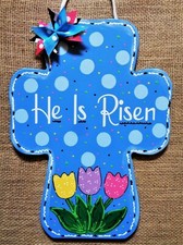 He Is Risen EASTER CROSS SIGN Wall Art Door Hanger PLAQUE Tulips Spring Decor