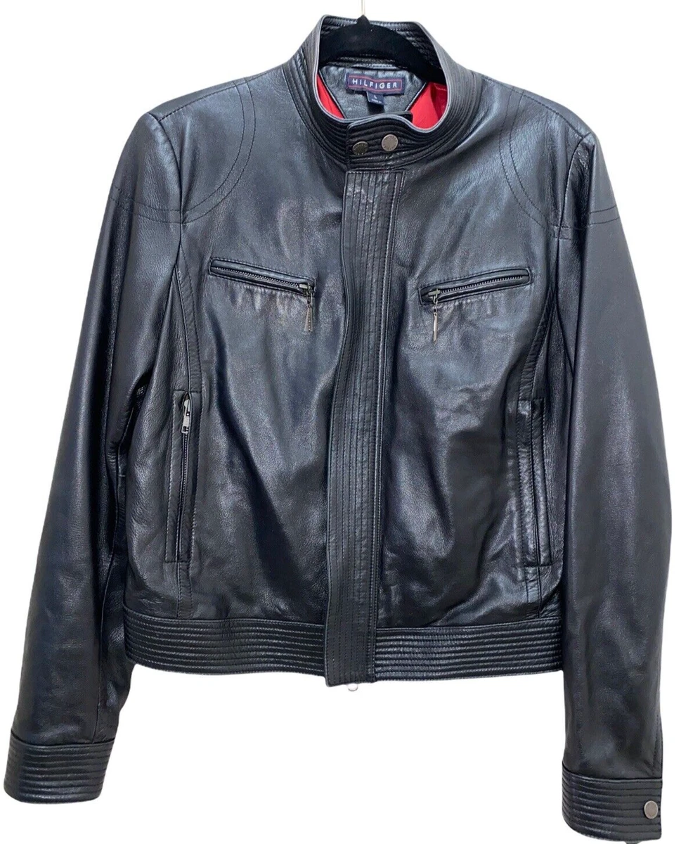 Tommy Hilfiger Women s Sz Large 100 Leather Bomber Moto Jacket Black Zip Front