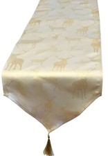 Large Stag Table Runner Luxury Jacquard Tassel Cream Gold Festive Dining