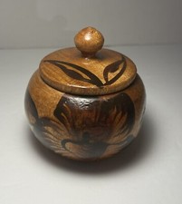 Hand Carved Wooden Trinket Box Hand Painted Flower Design Lid With Knob