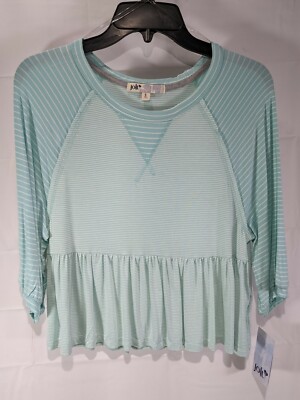 JOLT Women's Aqua & White Striped Round Neck 3/4 Sleeve Ruffle Hem Top sz S NWT
