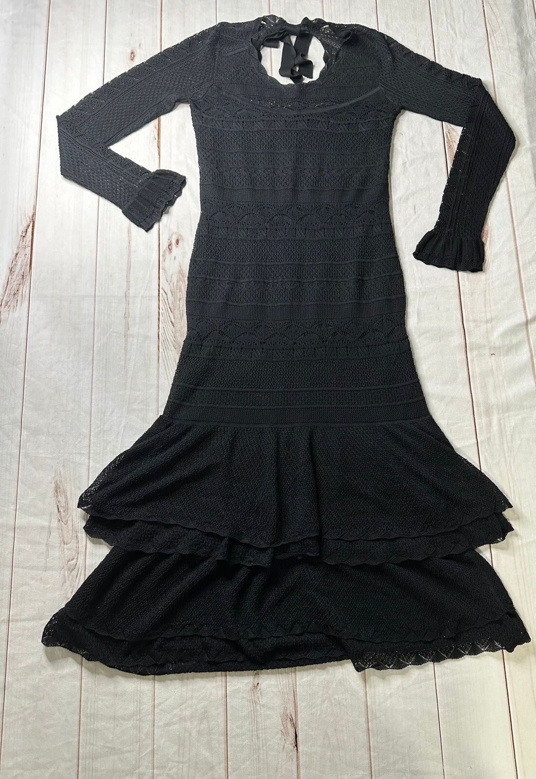 NWOT Polo Ralph Lauren Womens Sweater Dress Black M Pointelle Knit Ruffle Hem
