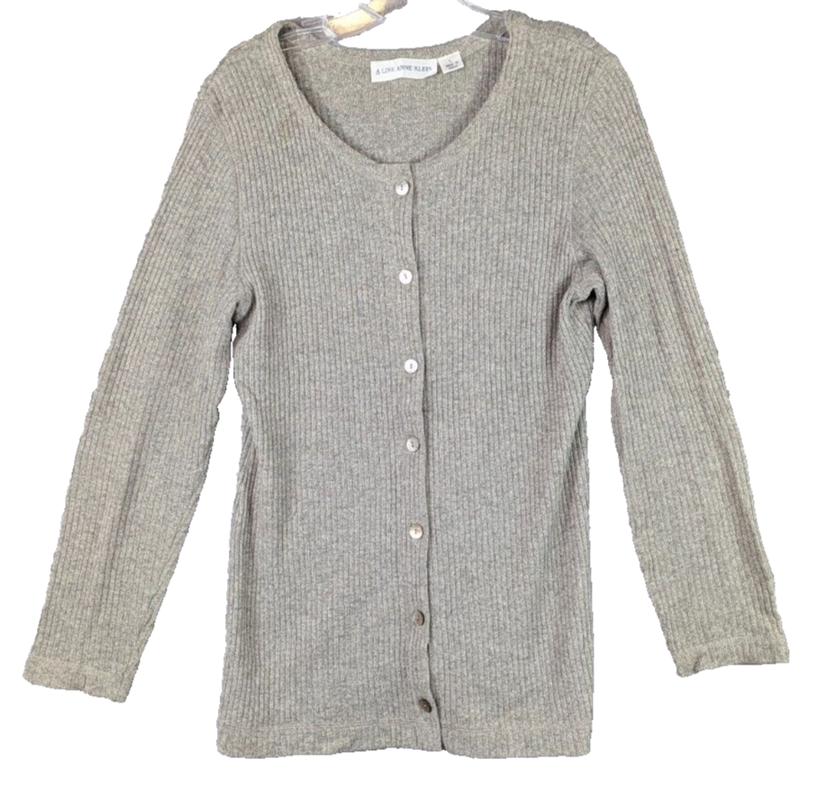 Anne Klein Button Front Sweater Cardigan Knit Preppy Fall Womens L Gray
