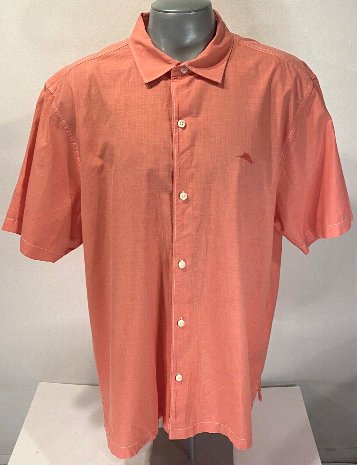 TOMMY BAHAMA Short Sleeve XXL Salmon Pink Mens Shirt Cotton w/ Logo Button Front