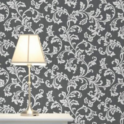 Modern wallcoverings textured black gray damask embossed wallpaper 