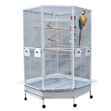 Wrinckle White 184cm Corner Parrot Aviary Bird Cage Perch Budgie On Wheels 8501