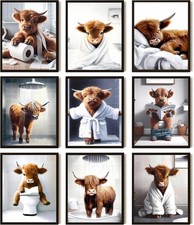 Funny Bathroom Cow Posters Wall Art Set of 9, Highland Cow Canvas Prints Pict...