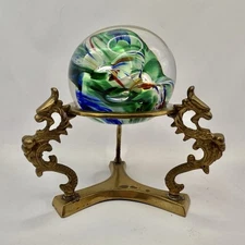 Vintage Brass Dragon Stand & Beautiful CMG 1992 Blown Glass Paperweight