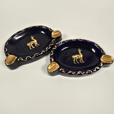  A Set Of Vintage Cobalt Blue Ceramic Ashtray Gold Script and Carmel Print 