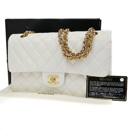 CHANEL CC Matelasse 25 Double Flap Chain Shoulder Bag Leather White GHW 870RQ054