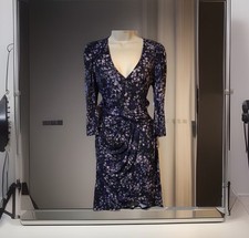 New Lipsy Size 14 Black Purple Ditsy Printed Twist Wrap Knee Length Dress Party