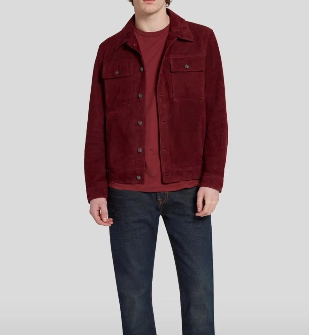 Men's Marron Red Leather Trucker Jacket Pure Suede Size S M L XL XXL Custom -361