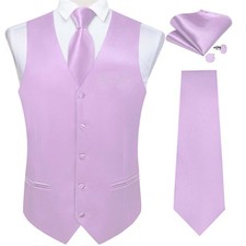 Mens Pink Satin Waistcoat Vest Tie Pocket Square Cufflinks Wedding Prom Large