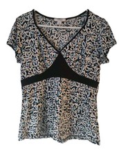 Y2K Babydoll Womens Top Large Petite Blue Black White Stretch Floral Blouse Sale