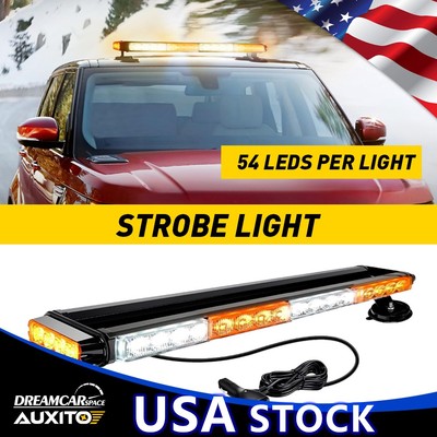 54LED White + Amber Strobe Flashing Light Bar Emergency Traffic Warning Advisor