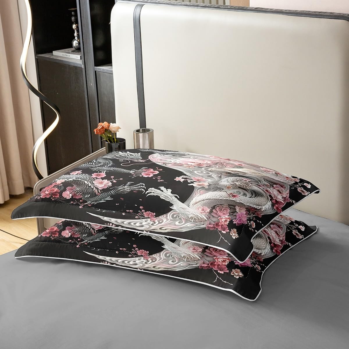 Chinese Style Dragon Bedding Set Yin-yang Geometric Duvet Cover Pink Flowers ...