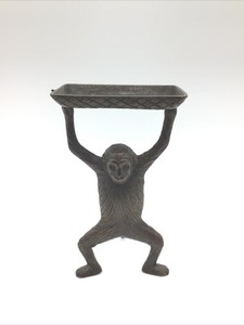 Vintage Brass Monkey Tray Art Deco Standing Figural Soap Card Stand Holder 7”