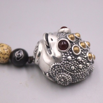 Real 999 Pure Silver Pendant Unique Coin Golden Toad Key Chain Tea Pet Statue