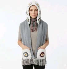 NEW Hand-Knitted Scarf Granny Squares Plush Yarn Hood Pockets Fringe Gray White