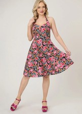 UNIQUE VINTAGE PAINTED ROSES SWEETHEART HALTER COTTON FLARE DRESS – Sz MED - NEW