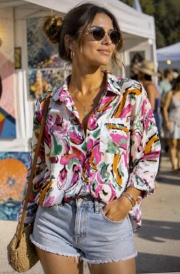 Fate Small Deco Blouse Career Wear Button Down Collar artsy festival pink small