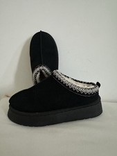 Women's Size 8 Black White Slip-On Faux Fur Lined Linen Blend Slippers Embroide  