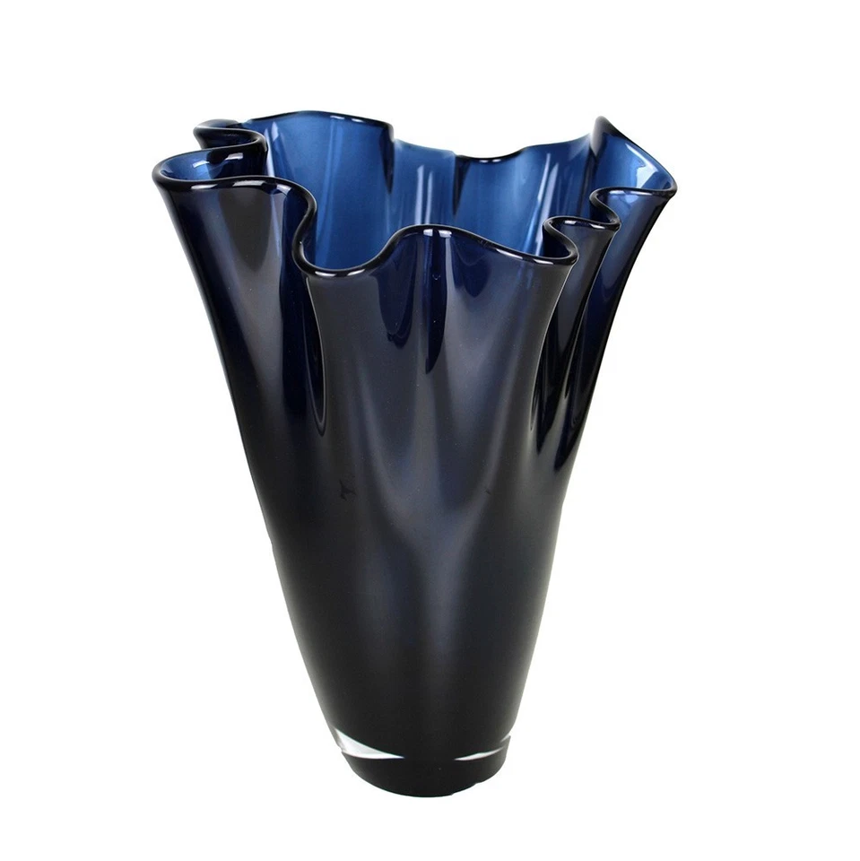 Vase Glas gewellt blau Glasvase Blumenvase mundgeblasen Signature Tischvase - Bild 4 von 4