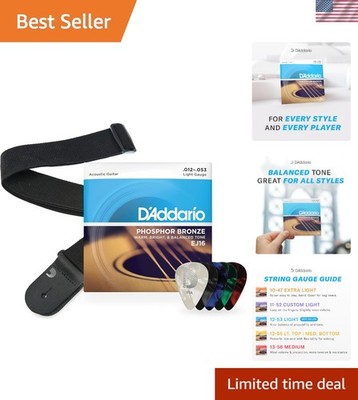 D'Addario EJ16 Phosphor Bronze Guitar Strings Set with Adjustable Strap & Picks