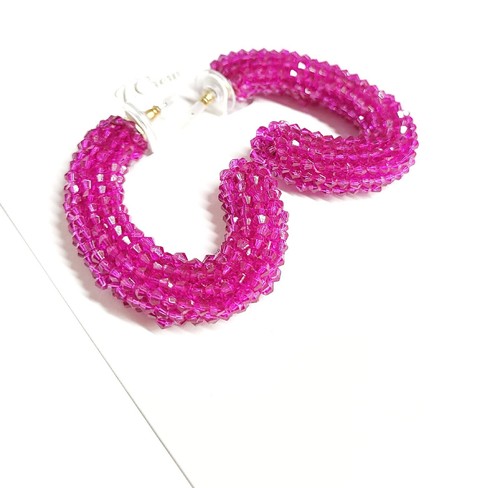 J.Crew Woven Beaded Drop Hoop Earrings Festival Pink Hypoallergenic BO837 NWT - Picture 4 of 14