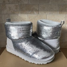 UGG CLASSIC MINI MIRROR BALL SILVER SEQUIN SUEDE SHEEPSKIN BOOTS SIZE US 7 WOMEN