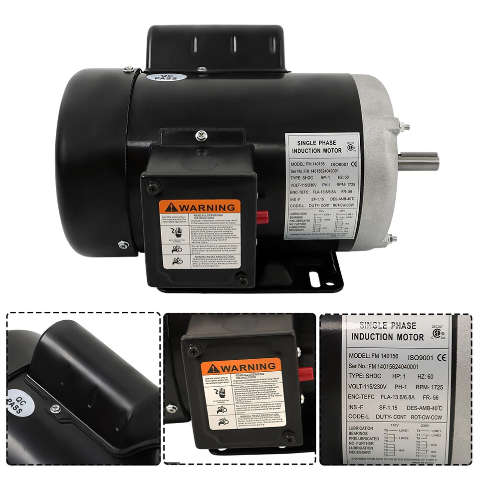 1HP Electric Motor 56 Frame 1 Phase TEFC 1800RPM 115/230V 13.6/6.8A CW/CCW - Image 2 of 4