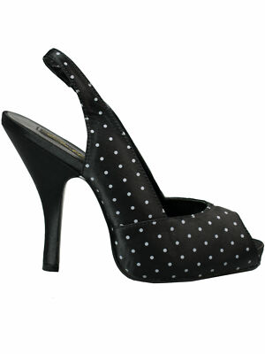 Pin Up Couture Women's Pump Cutie Peeptoe Black Satin Dots Rockabilly 50s 5005