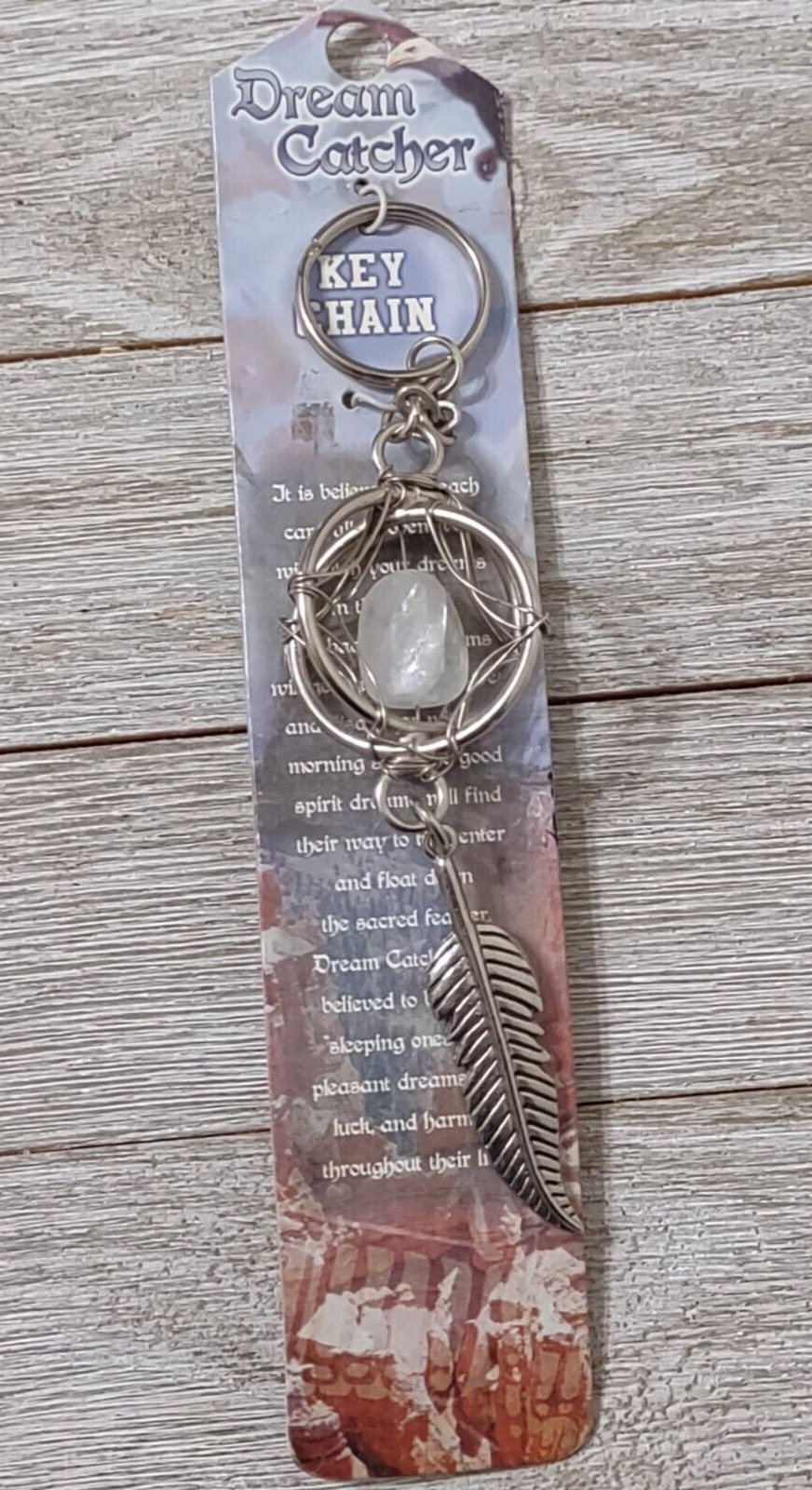 Polished white stone and feather charm key chain dream catcher 