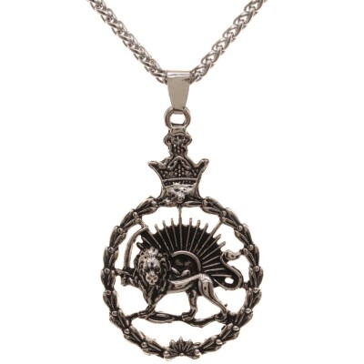 Silver Persian Crown Lion Sun Shir Khorshid Necklace