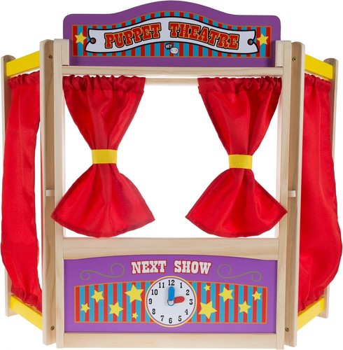 Wooden Tabletop Puppet Theater with Curtains, Blackboard, and Clock