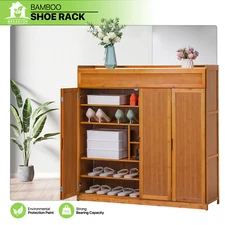 46" Bamboo 7-Tier [BOOTS ORGANZIER] 2 Bifold Door Shoe Cabinet w/Top Compartment