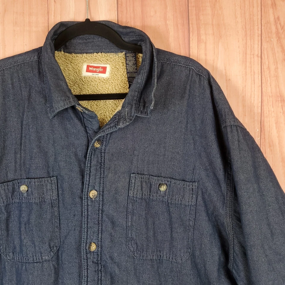 Куртка мужская Wrangler 2XL синяя джинсовая шакет шерпа с подкладкой на пуговицах - Изображение 2 из 4
