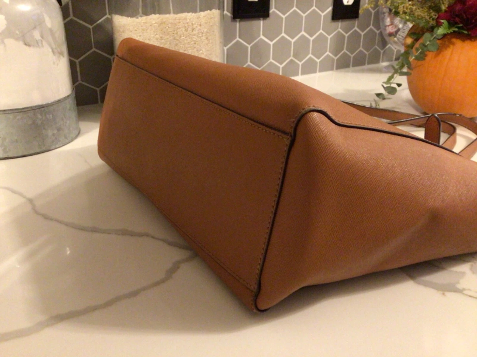 Borsa media Tory Burch Emerson tela pelle marrone caramello