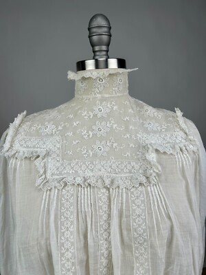 Antique Edwardian White Cotton Embroidered Lace Blouse High
