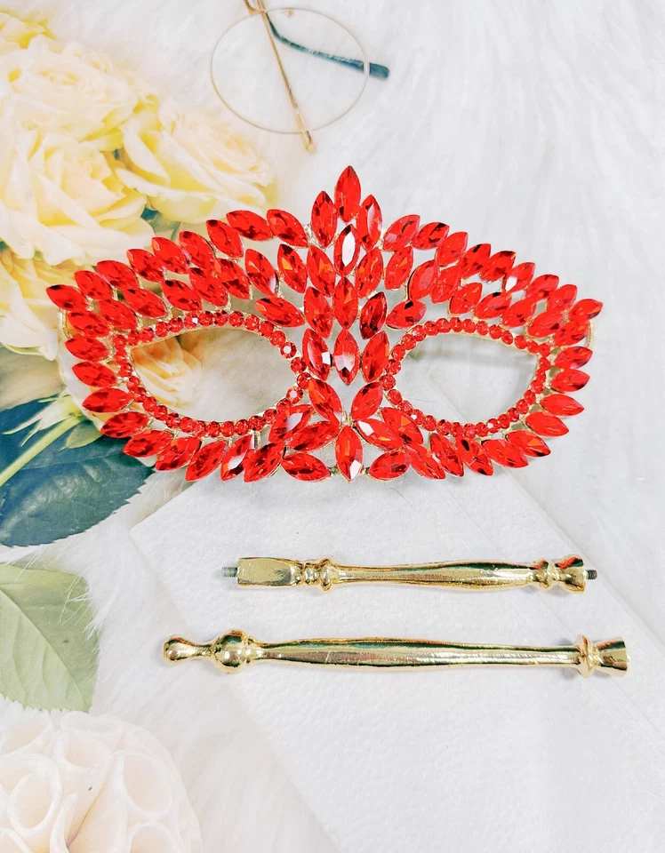Máscara de mascarada dorada, máscara de cristal rojo rubí, máscara de boda de mascarada, máscara de palo Foto 4 de 4