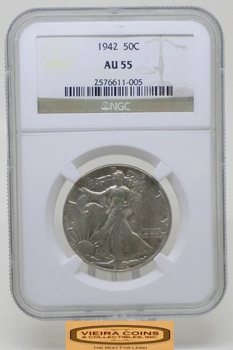 1942 Walking Liberty Silver Half Dollar 50C, NGC AU 55 - #B48653