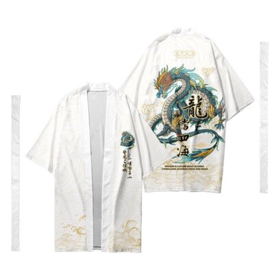 Mens Women Dragon Print Kimono Long Cardigan Top Bathrobe Yukata Japanese Loose