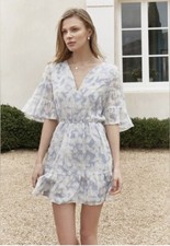 Joie Teresa 100% Silk Mini Dress L Blue Floral Ruffle Sleeve Tiered Lined Large