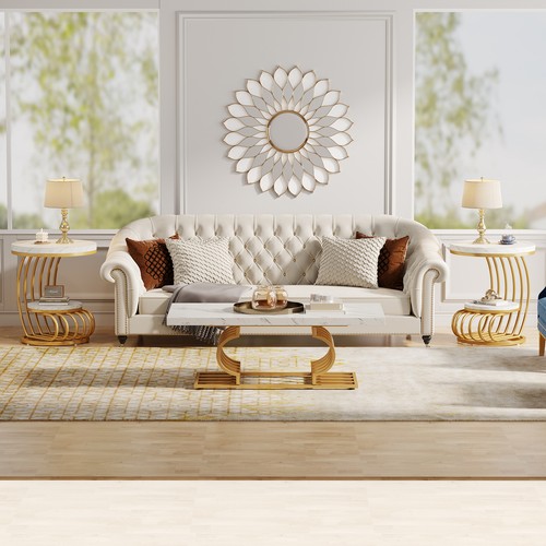 20" White Gold Modern Wood End Table, 2 Tier Faux Marble Side Table with Storage - Picture 10 of 12